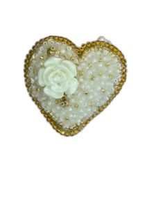 White Rose Heart Brooch Gold Border, Elegant Ivory Beaded Heart Pin, Handmade Bridal Jewelry, Romantic Wedding Gift — lifestyle photo