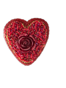 Red Heart Brooch with Rose, Beaded Sequin Heart Pin, Handmade Jewelry — lifestyle photo