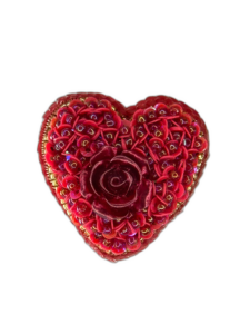 Red Heart Brooch with Rose, Beaded Sequin Heart Pin, Handmade Jewelry, Love Gift — lifestyle photo