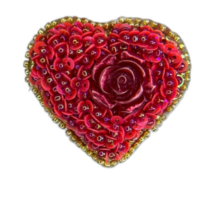Red Rose Heart Brooch, Beaded Heart Pin Rose Cabochon Gold Border, Handmade Jewelry — lifestyle photo