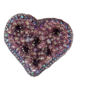 Lilac Pink Heart Brooch, Beaded Sequin Heart Pin, Handmade Pastel Romantic Gift — lifestyle photo
