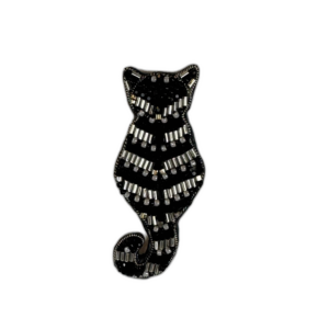 Black Silver Striped Cat Brooch Tall, Beaded Cat Silhouette Pin, Handmade Animal Jewelry, Unique Cat Lover Gift — lifestyle photo