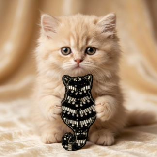 Black and Silver Striped Cat Brooch, Beaded Cat Silhouette Pin, Minimalist Animal Jewelry, Handmade Embroidered Brooch, Elegant Cat Back View, Unique Gift for Cat Lover, P.S. Jewelry