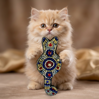 Royal Blue and Gold Cat Brooch, Beaded Animal Pin with Red Rhinestone, Whimsical Cat Lover Gift, Handmade Embroidered Jewelry, P.S. Jewelry