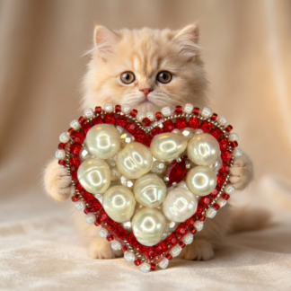 Red Heart Brooch Filled with Pearls, White Pearl Heart Pin Red Border, Handmade Romantic Jewelry, Love Gift for Her