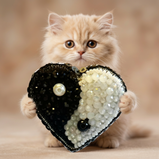 Yin Yang Heart Brooch Black White Small, Balance Heart Pin Crystal Bead, Handmade Zen Harmony Jewelry, Spiritual Gift